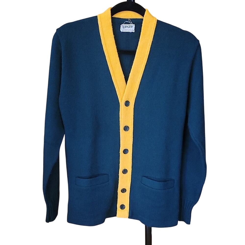 Vintage 60s Lanza Green Gold Varsity Shaker Knit Cardigan Sweater Orlon Acrylic